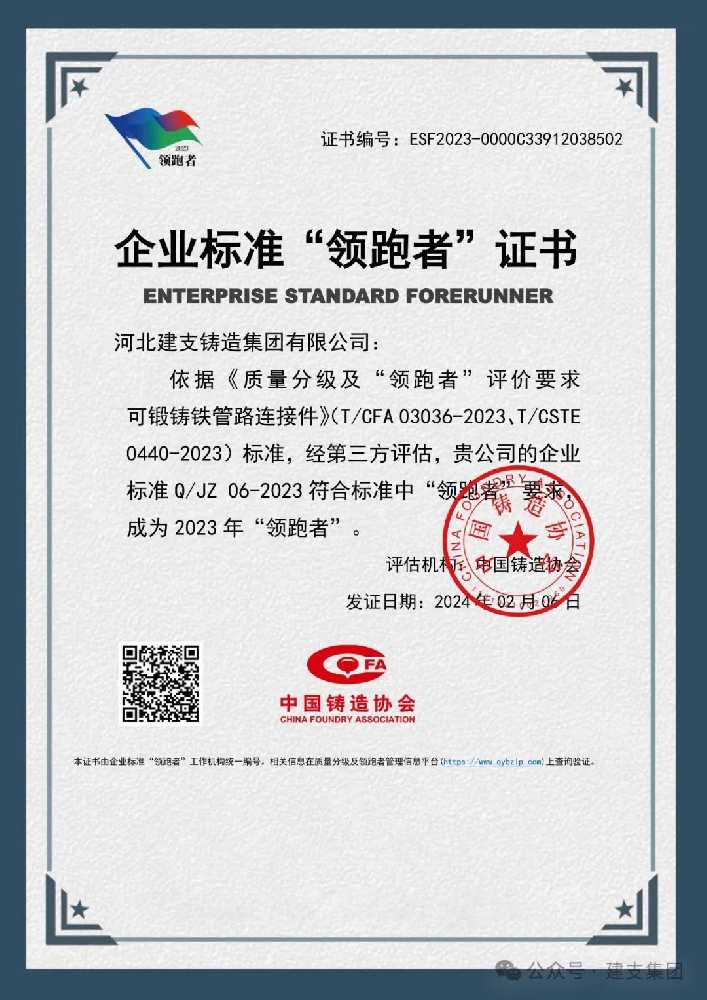 河北建支管件集團榮獲2023年“企業(yè)標準領跑者”稱號